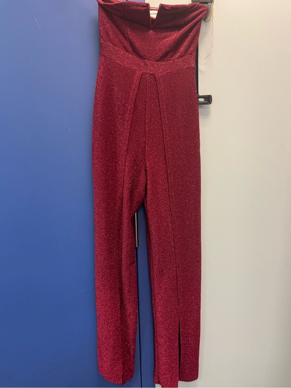 No Boundaries Sparkle Strapless Jumpsuit in Wine Red